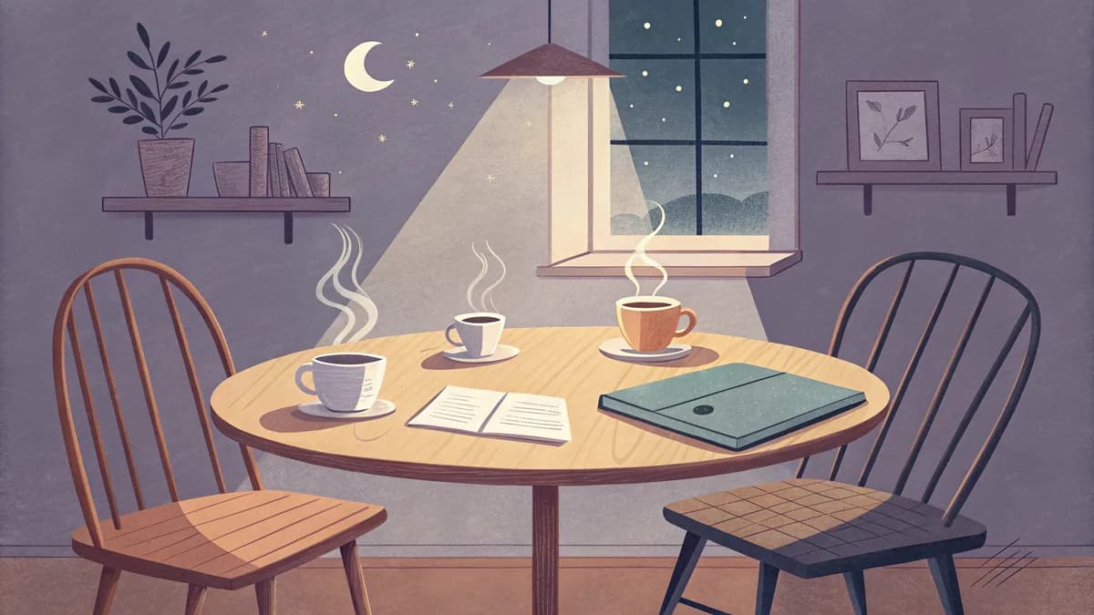 Table de cuisine au crépuscule avec deux tasses de thé et un dossier scolaire fermé