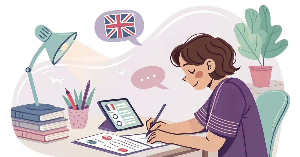 Adolescent de 5ème travaillant l'anglais sur une tablette avec des bulles de dialogue, ambiance calme et bienveillante — méthode Comprendo