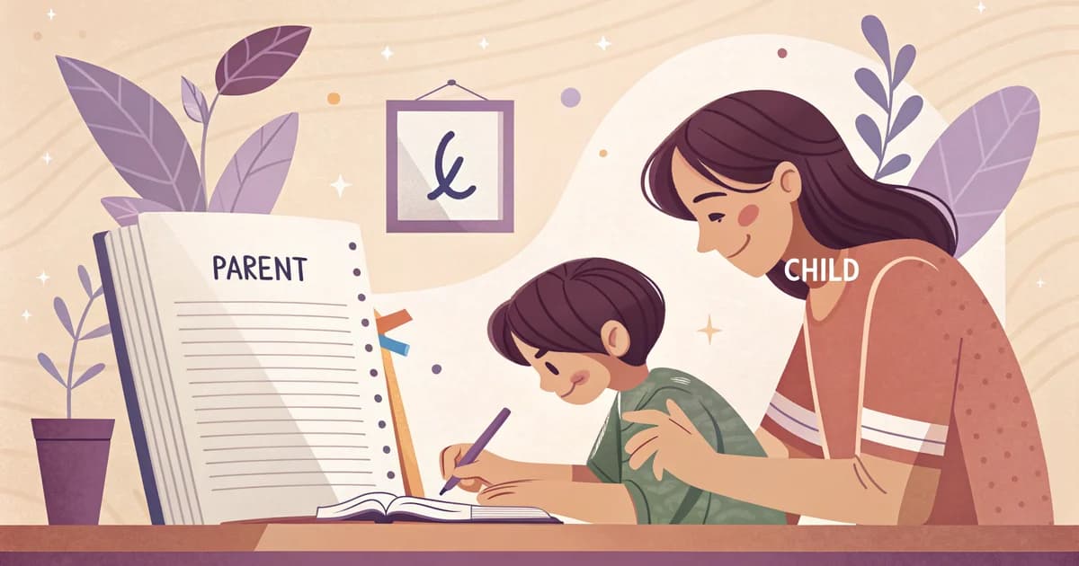 Enfant et parent travaillant ensemble sur un cahier avec une police de lecture adaptée, ambiance calme
