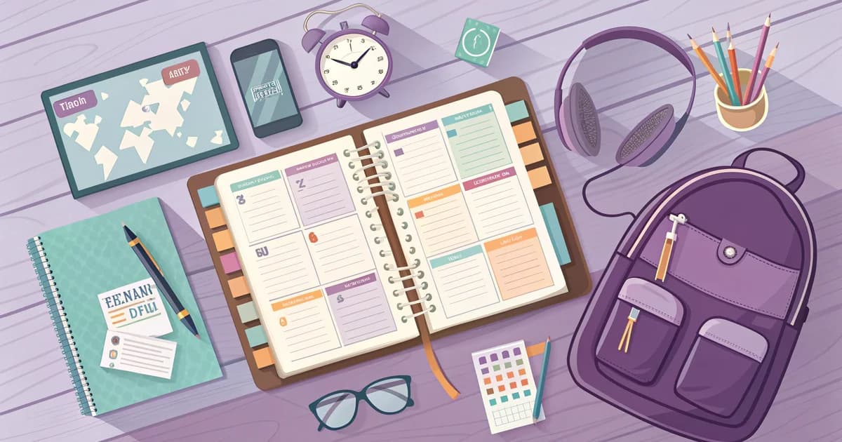 Bureau d'élève vu de dessus avec agenda ouvert, planning hebdomadaire, classeurs de couleur rangés par matière et cartable posé à côté