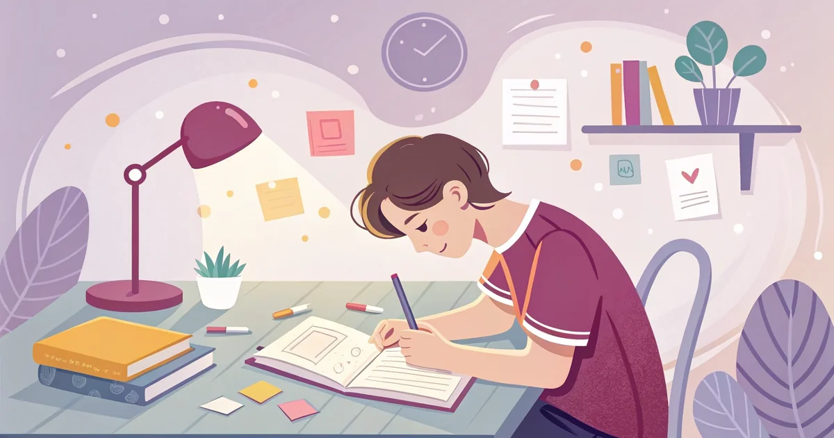 Adolescent concentré qui révise une leçon avec des fiches colorées sur son bureau