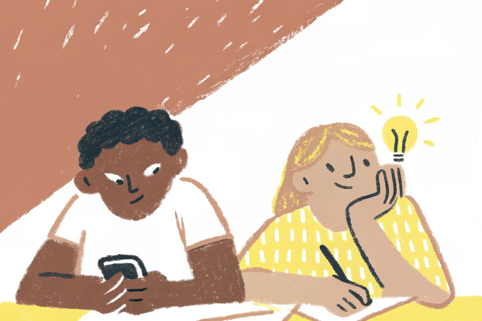 Deux élèves : l'un copie sur son téléphone, l'autre réfléchit activement