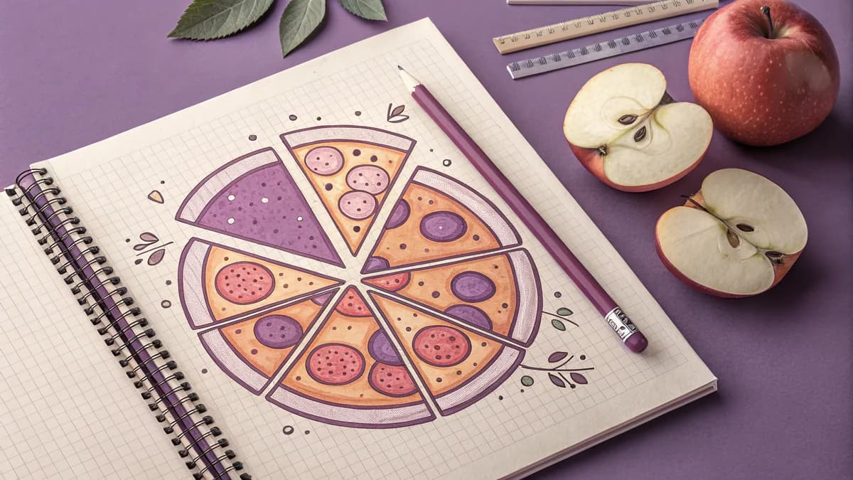 Pizza coupée en parts colorées illustrant les fractions de manière concrète
