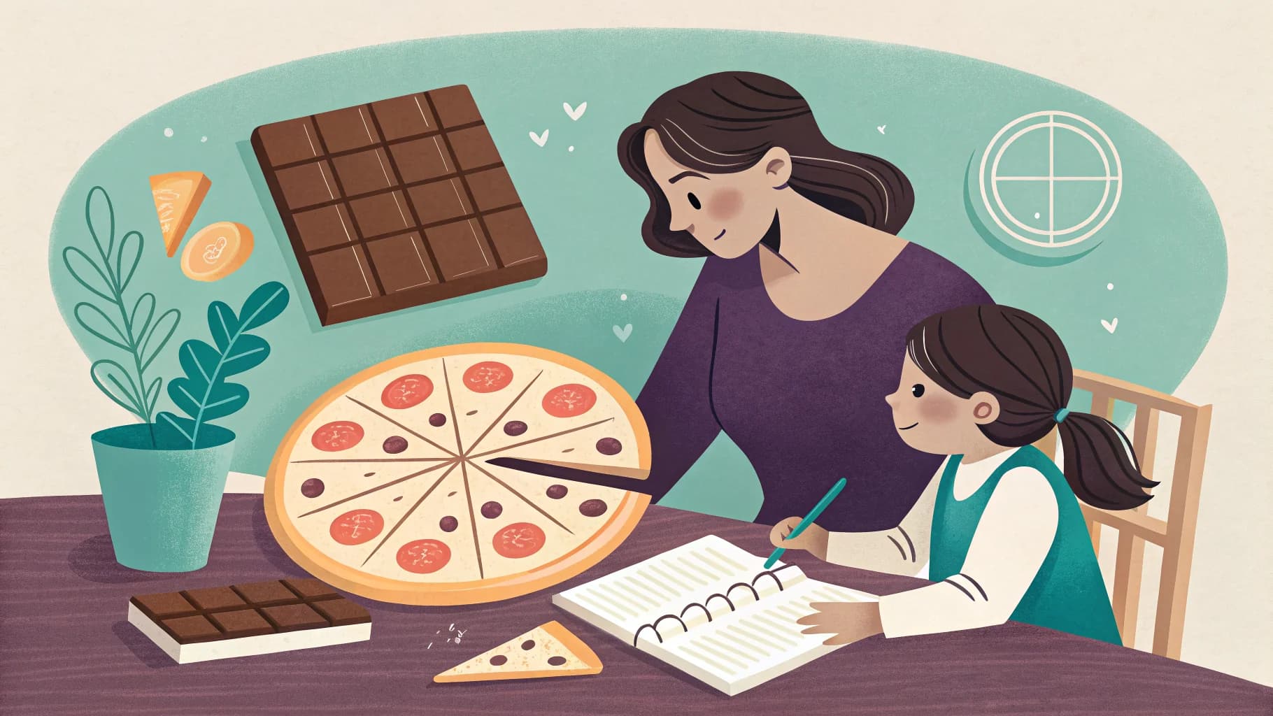 Parent et enfant à table avec une pizza partagée et une tablette de chocolat illustrant les fractions de manière concrète — 6ème