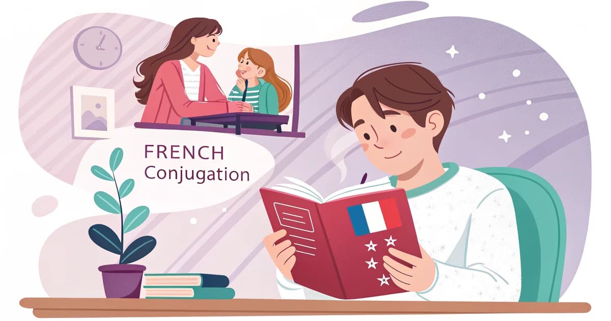 Adolescent à son bureau révisant la conjugaison avec son Bescherelle ouvert et une fiche, ambiance calme — méthode d'apprentissage Comprendo
