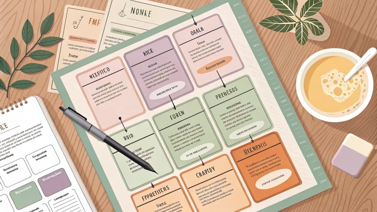 Fiches de révision colorées organisées sur un bureau avec stylo et plante verte