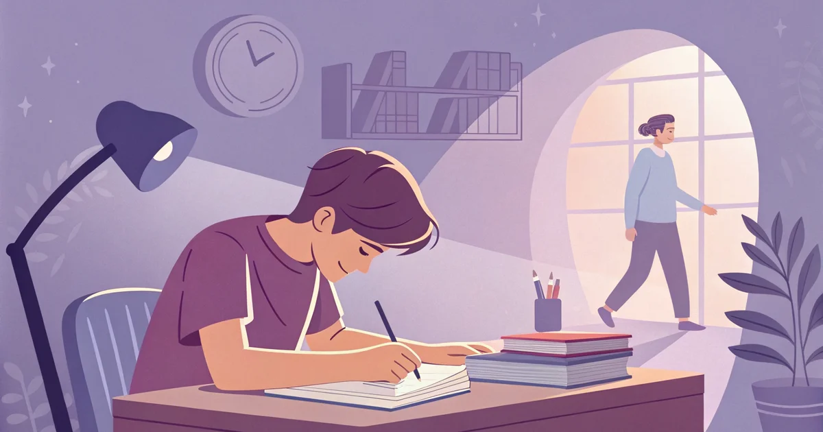 Adolescent assis à son bureau le soir, cahiers fermés, un parent à distance qui hésite à intervenir, atmosphère de tension calme autour des devoirs