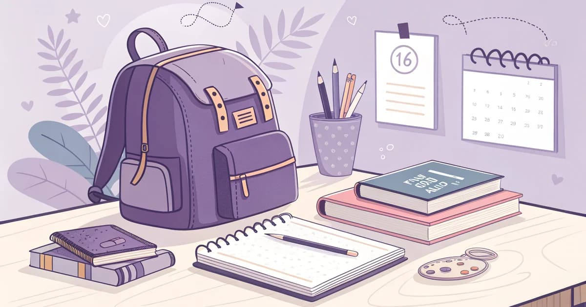 Cartable, agenda et fournitures scolaires posés sur un bureau, illustration pour la préparation de la rentrée au collège
