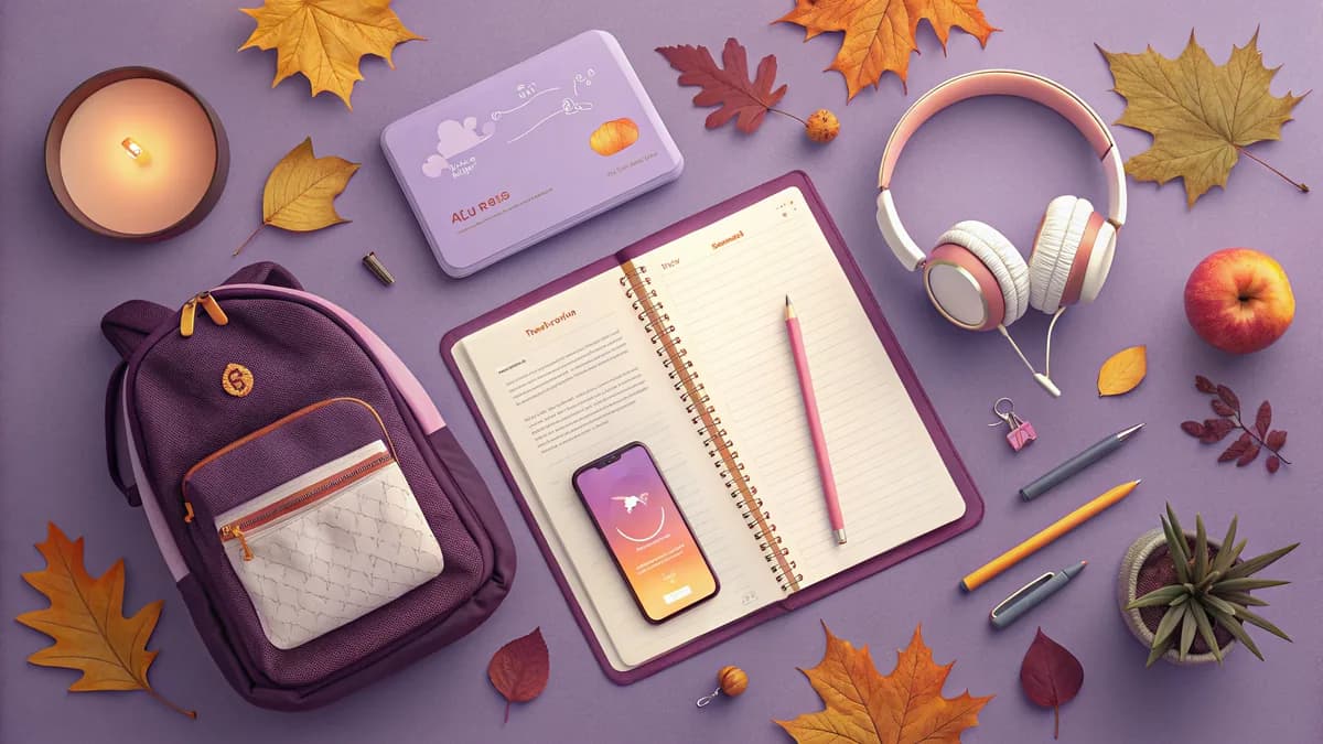 Bureau de rentrée scolaire 2026 — cahier neuf, tablette, smartphone et fournitures