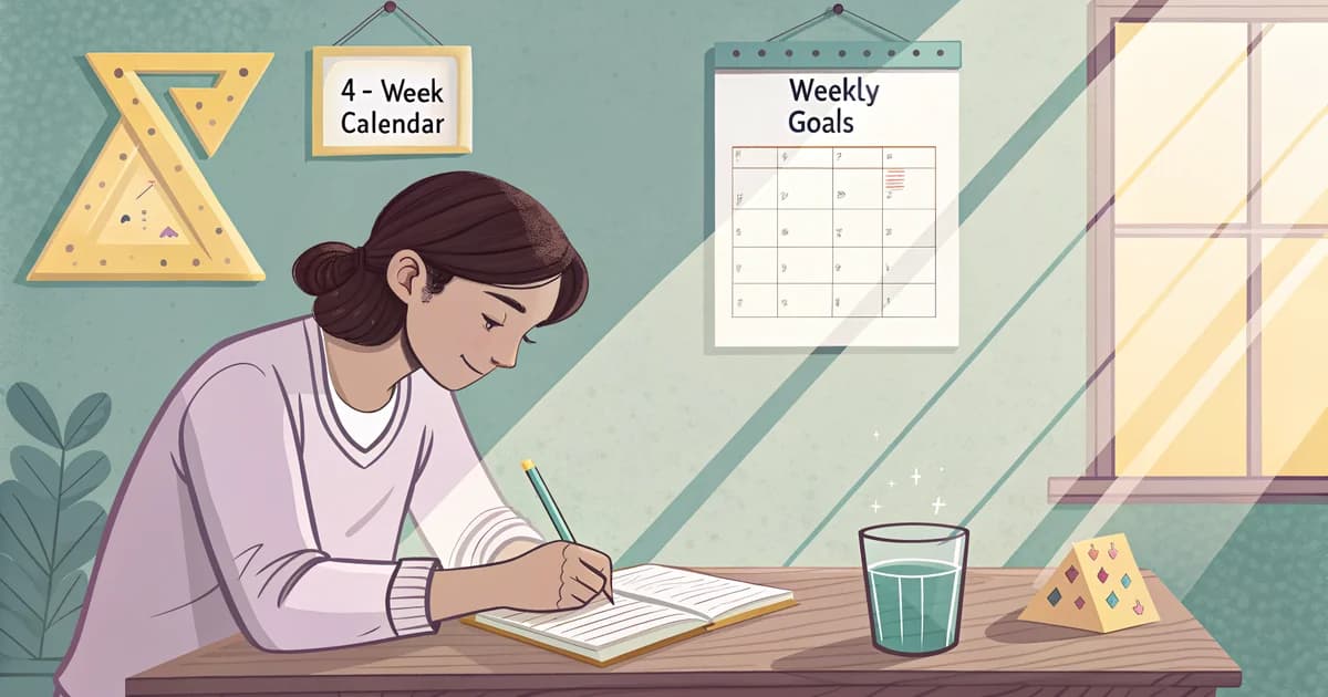 Élève de 3ème qui révise les maths du brevet avec un calendrier sur 4 semaines, cahier ouvert sur le théorème de Pythagore — méthode Comprendo